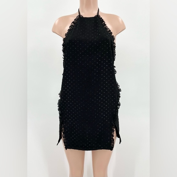 Revolve H:OURS Black Swiss Dot Ruffle Halter Mini Dress - Picture 1 of 9
